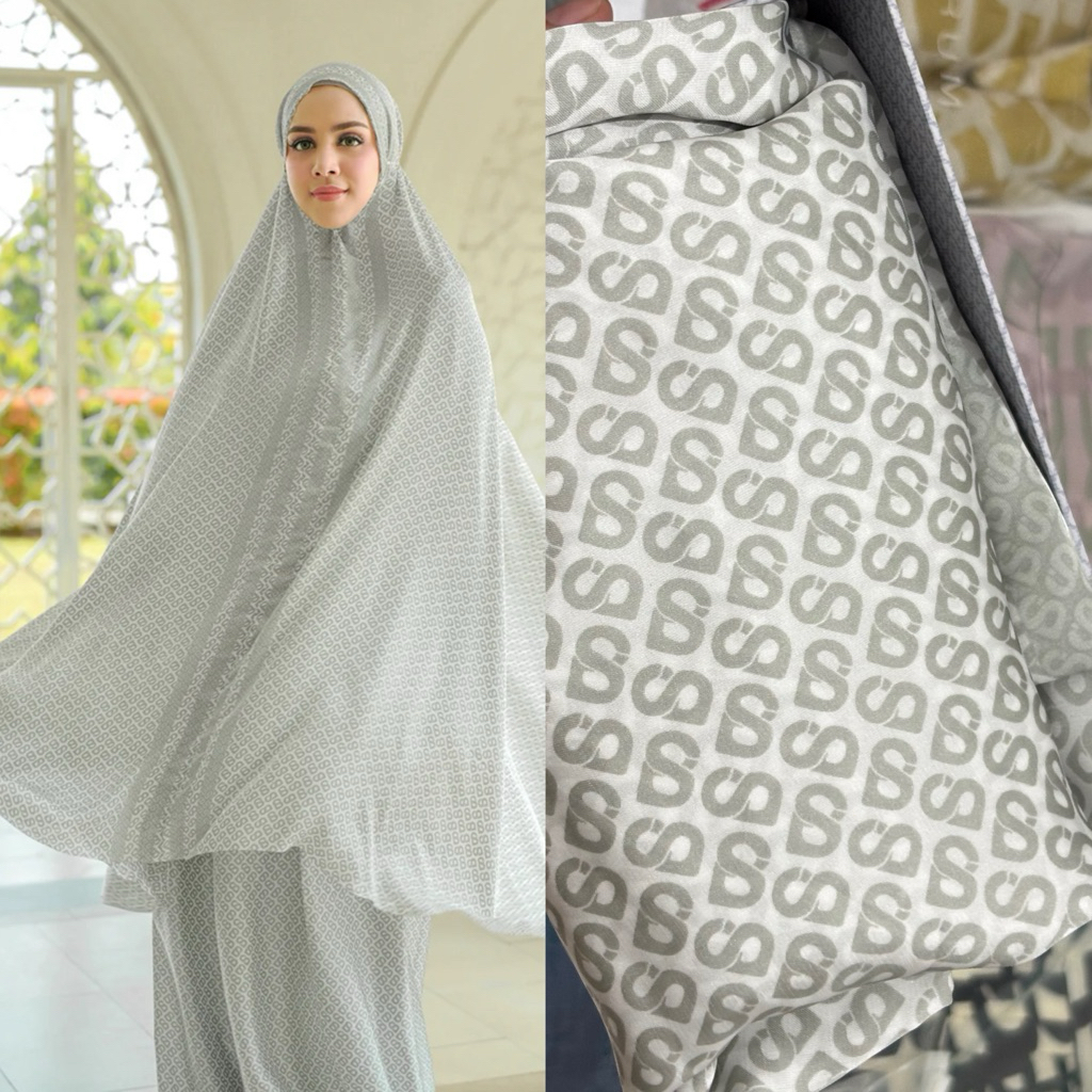 READY STOCK MUKENA SILK TRAVEL MONOGRAM BUTTONSCARVES PRAYER ROBE