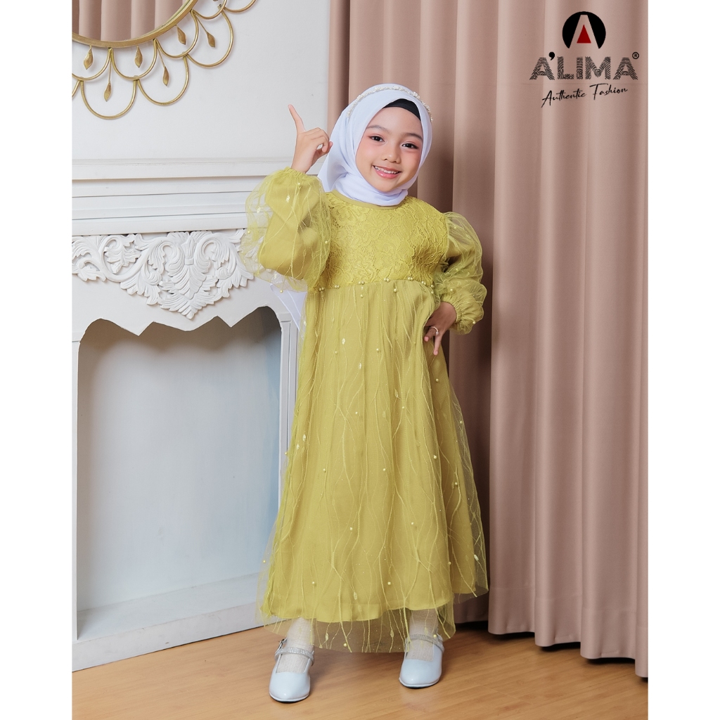 Baju Gamis Anak Usia 3-12 Tahun Bahan Shakilla Mix Tille Kombinasi Payet Aplikasi Brokat Tanpa Hijab