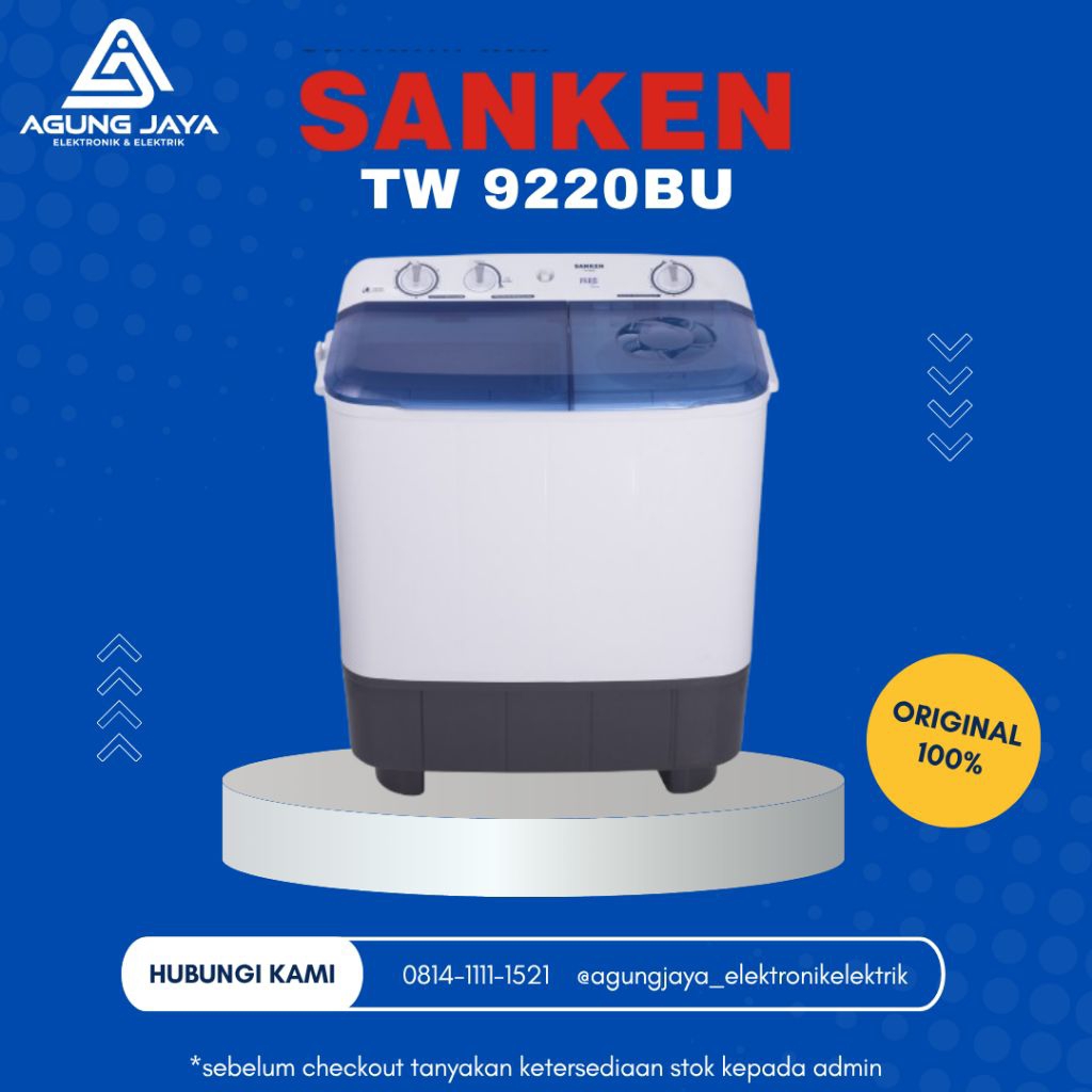 MESIN CUCI SANKEN TW 9220BU, kapasitas 9 kg
