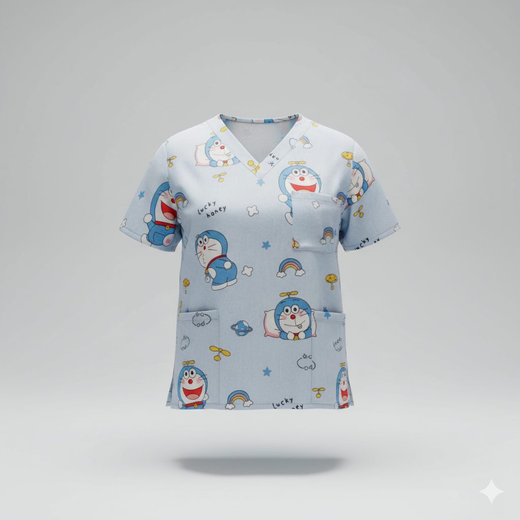Baju Medis /Baju Dokter /Baju KoAs/ Baju Perawat / Baju Nakes katun motif doraemon