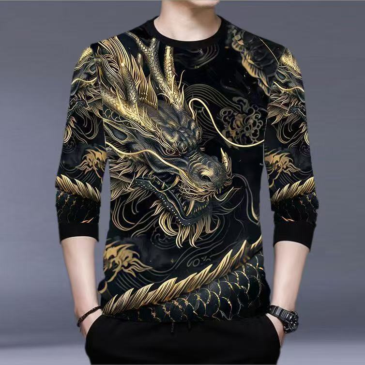 Lengan Panjang T Kaus Pria Motif Naga, Kaus Kasual Leher Bulat T Baju Kaos