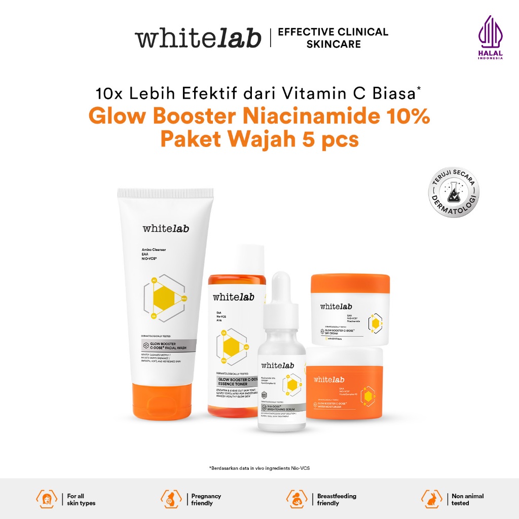 Whitelab 5 pcs Glow Booster C-Dose+ Brightening Paket Wajah - Facial Wash, Toner, Serum, with Day Cr