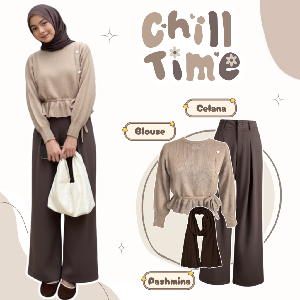 One Set Korean Style Outfit Hijab (Blouse Korean Style + Celana Kulot Wanita + Pashmina Jersey) || O