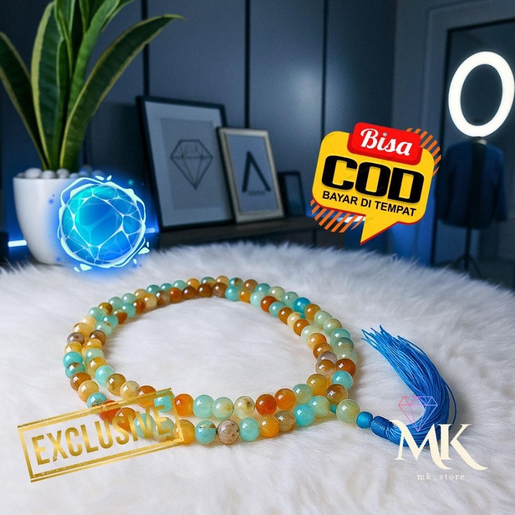Tasbih Batu Pecah Seribu 8mm - Kristal Biru Alami 99 Butir Premium