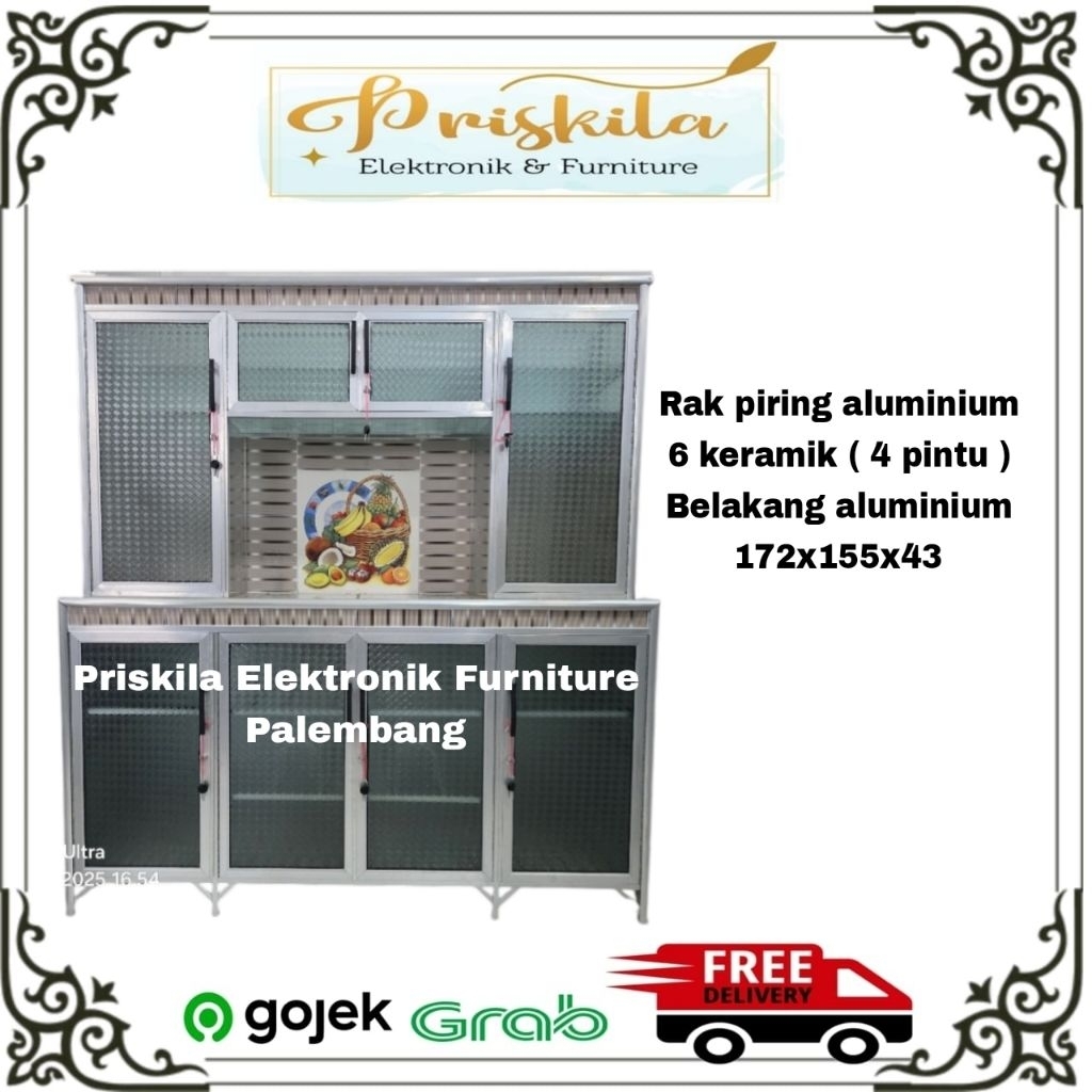 Rak Piring Aluminium 6 Keramik ( 4 Pintu ) Aluminium / Batang Warna Belakang Aluminium Palembang