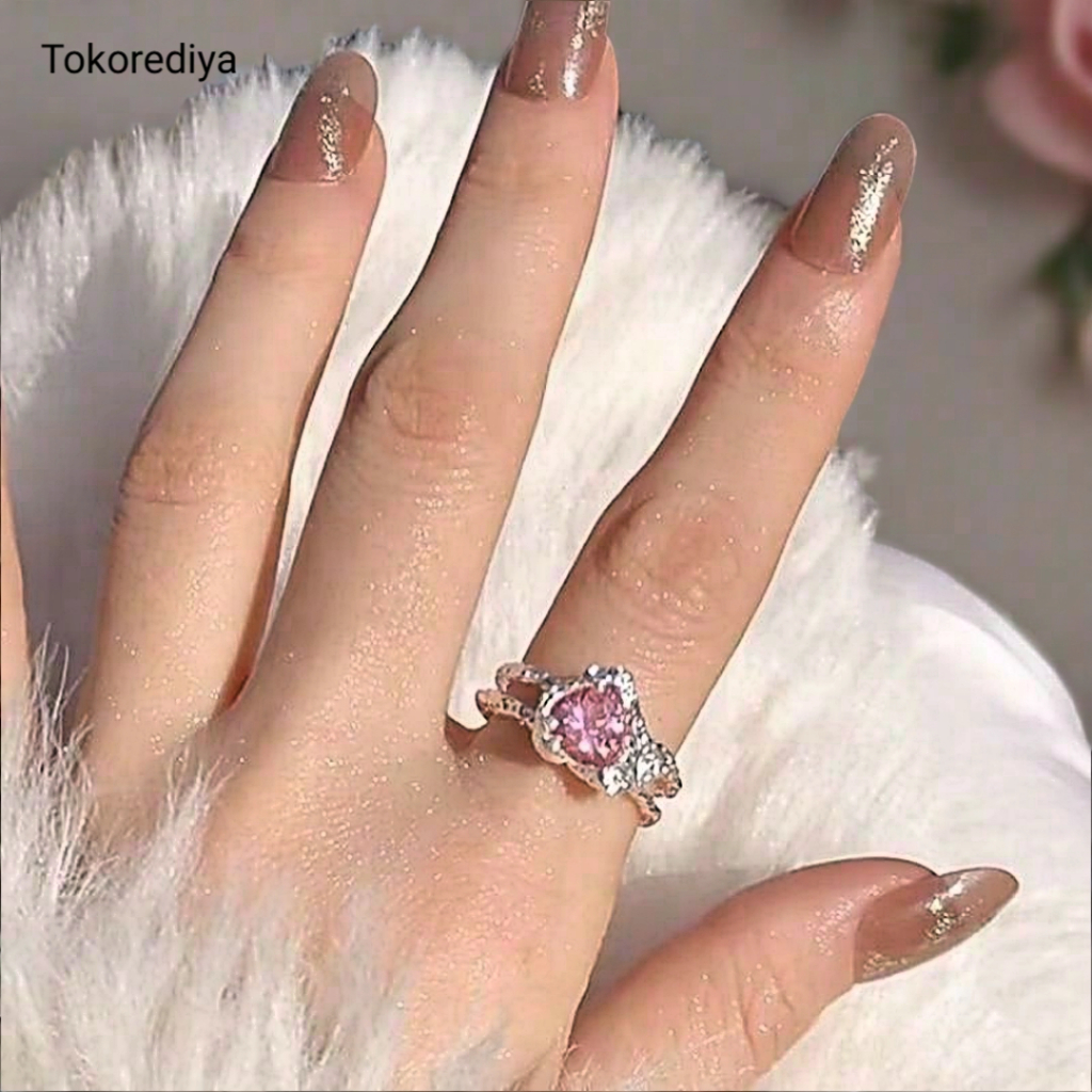 Cincin Wanita Adjustable Elegan Kekinian Motif Batu Pink Love Korean Style CN-019