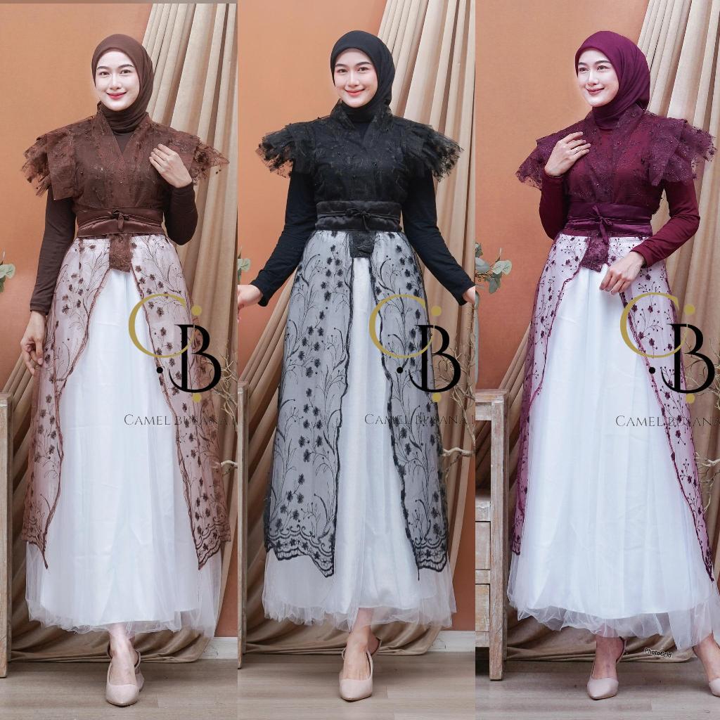 HAURA Dres Set Iner Outer Dan Rok Tutu Gamis Muslim Wanita Pesta  Kondangan Lebaran 2026