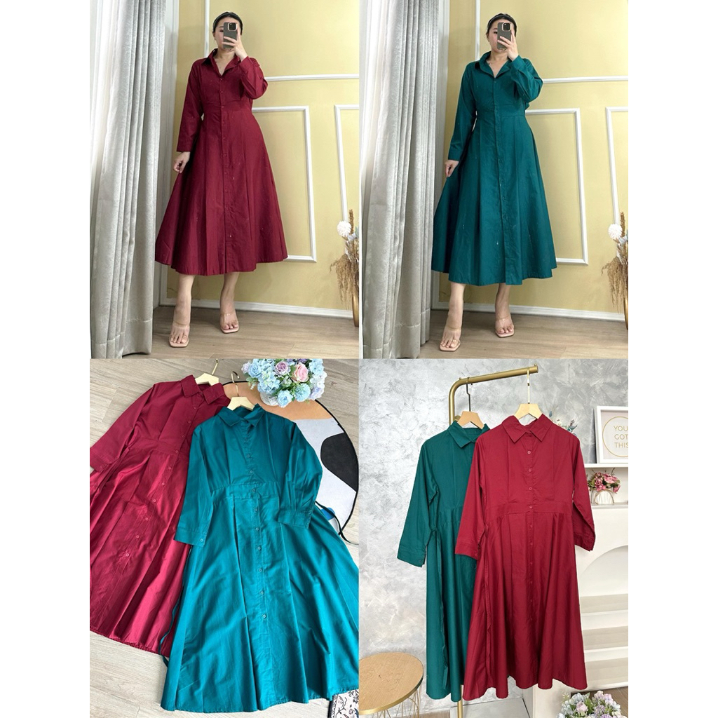 Charlotte A-Line Midi Dress - Dress Panjang Simple Wanita - Dress Kerah Lengan Panjang Casual Santai