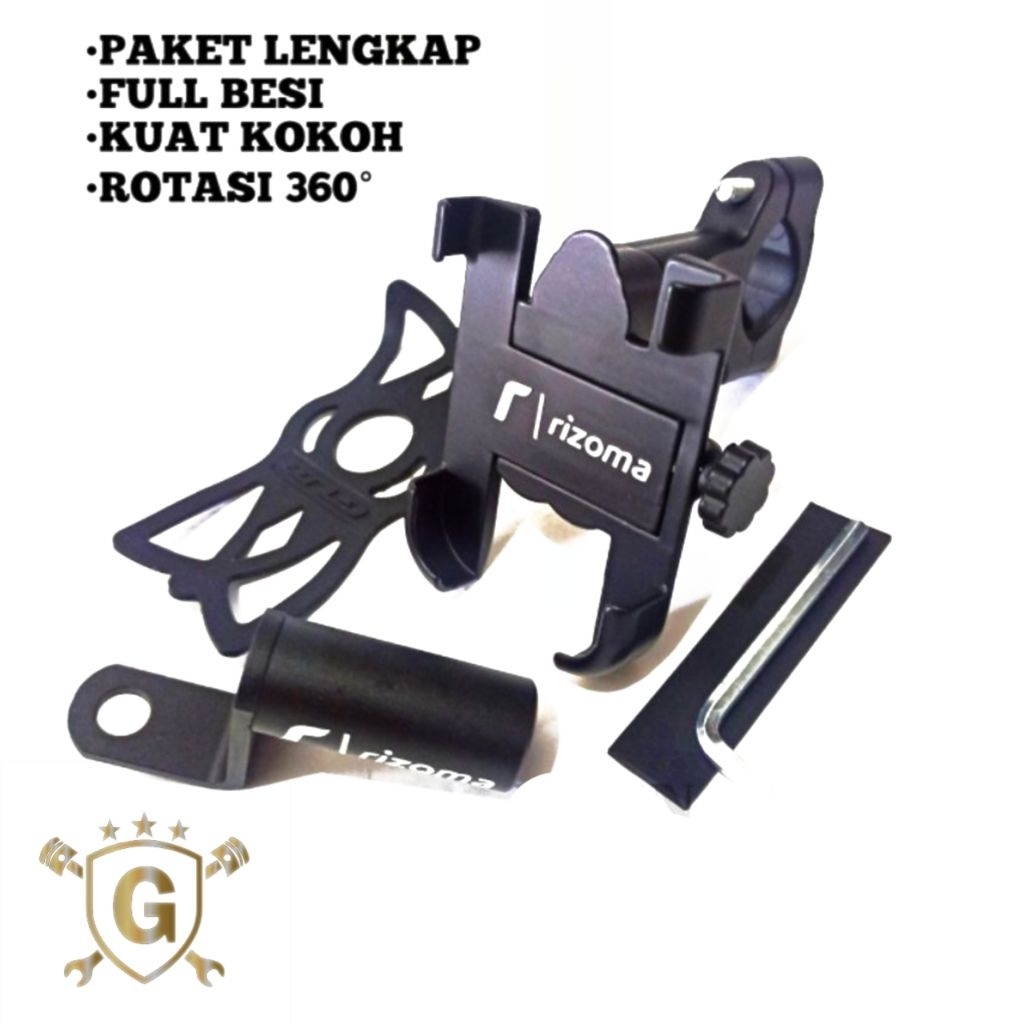 Holder HP Motor Full Alumunium Besi Paket Lengkap + Breket Spion Motor Mio, Beat, Vario, Nmax, Scopp