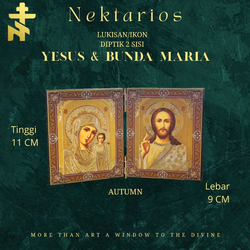 Nektarios Ikon Diptik Yesus & Bunda Maria 2 Sisi Lukisan Kristen Katolik Orthodox Tinggi 11 CM Lebar