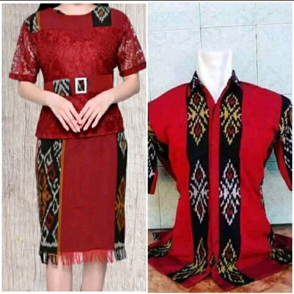 (RED)COUPLE TENUN KOMBINASI BRUKAT TERBARU-TENUN ETNIC-BAJU NATAL-BAJU PESTA-TENUN IKAT PREMIUM