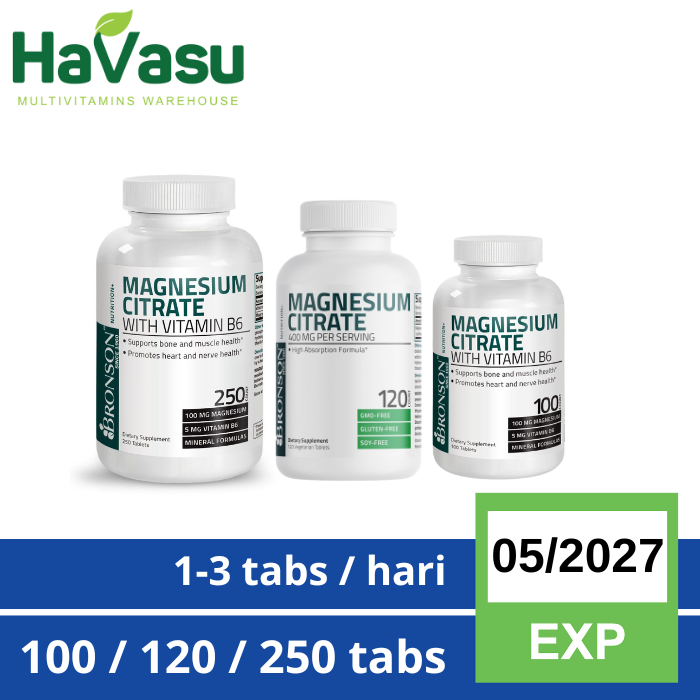 Bronson Magnesium Citrate with Vitamin B6 100 , 120 & 250 Tabs
