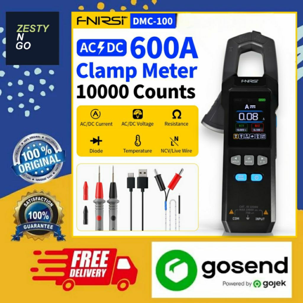 FNIRSI Digital Multimeter Tang Ampere Voltage NCV Tester Clamp 600A - DMC-100
