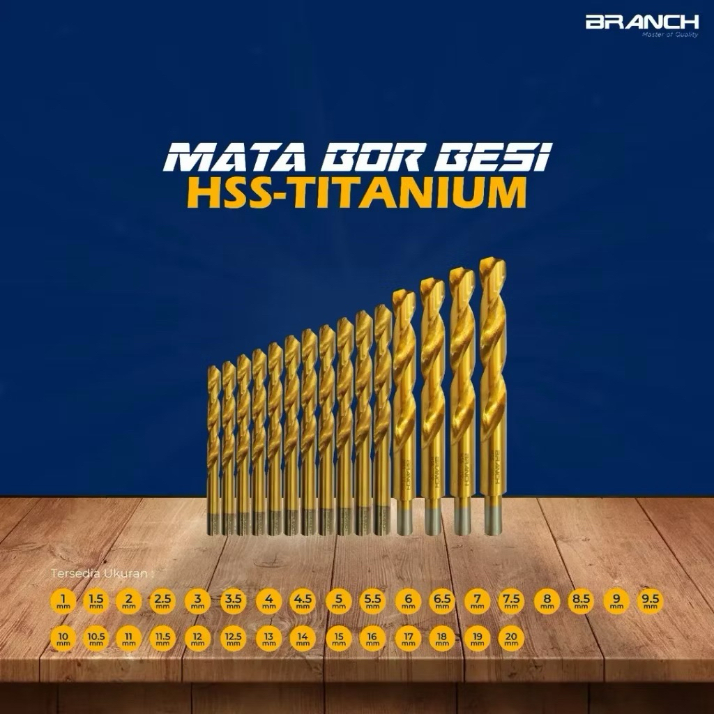 Mata Bor Besi Titanium BRANCH / UKURAN 10MM - 20MM / Mata Bor Besi HSS-Titanium