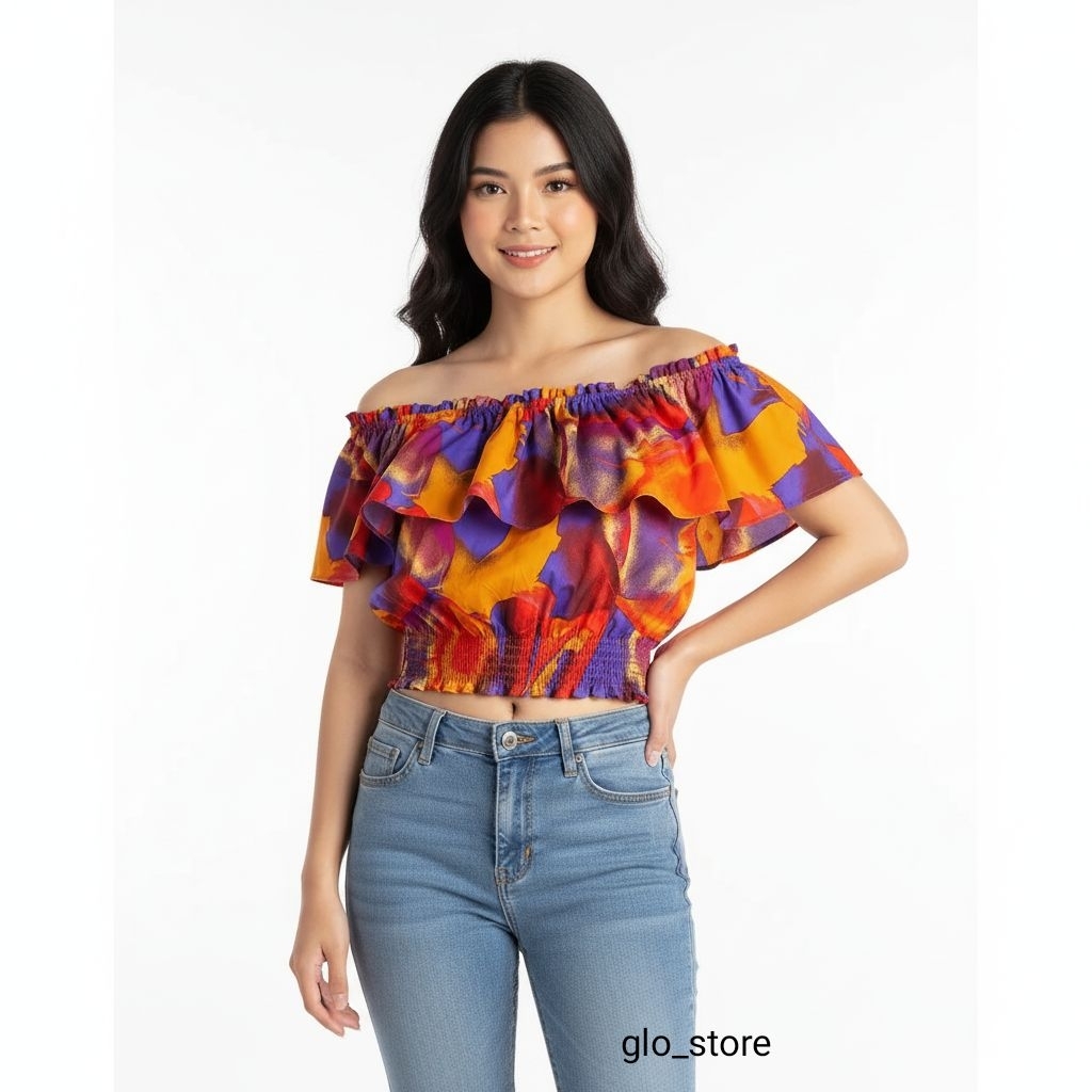 Atasan Crop Off Shoulder Wanita Motif Warna Warni – Baju Sabrina Kekinian Seksi Lucu | Glo Store Cas