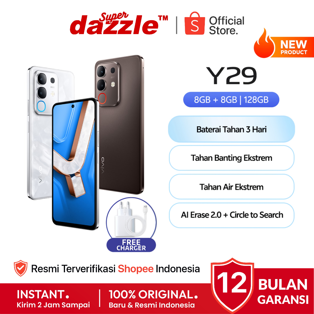 HP VIVO Y29 8/256 8/128 6/128 GB Baterai 6500mAh Original 100% Garansi Resmi 12 Bulan Official Store