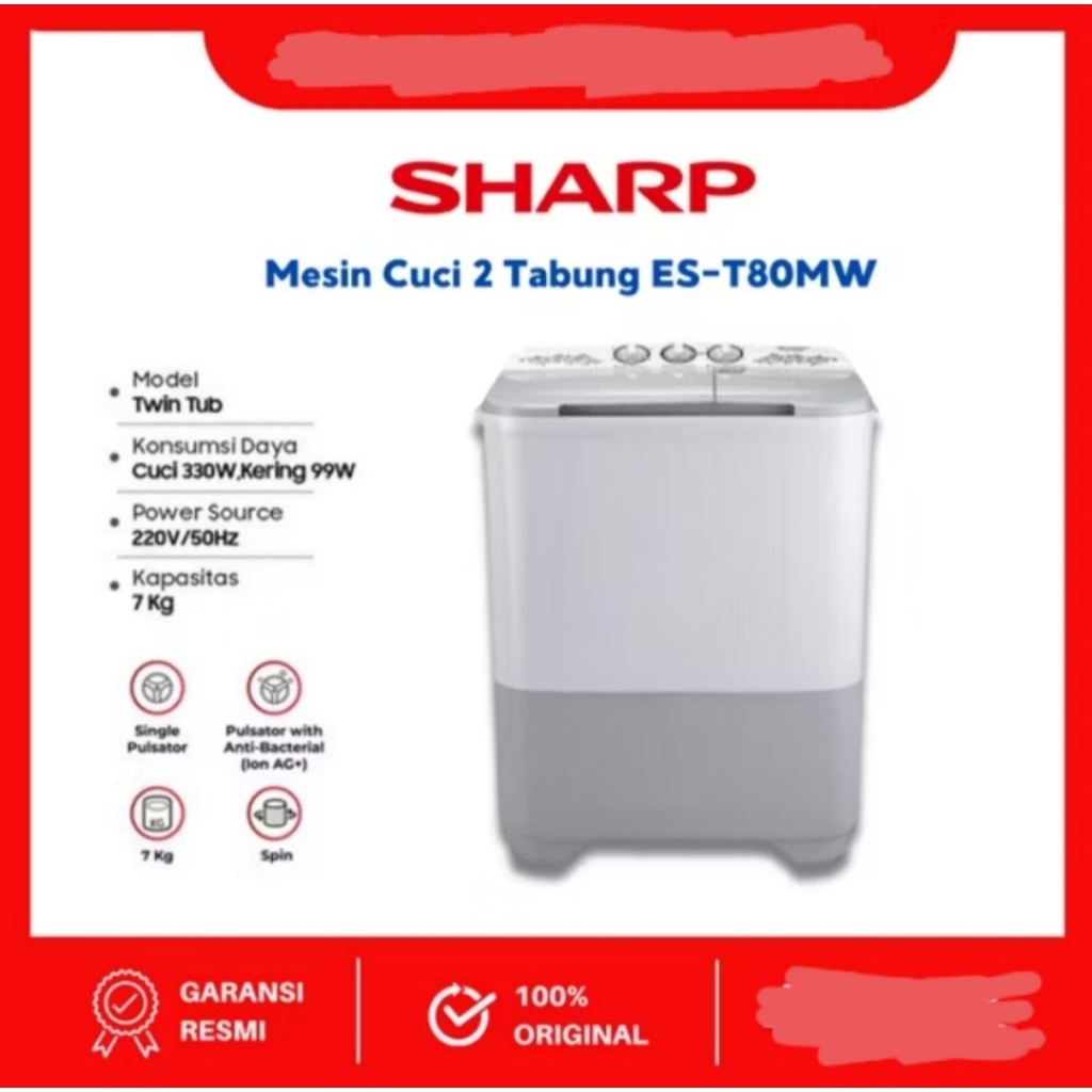 MESIN CUCI SHARP 2 TABUNG 8KG ES-T80MW