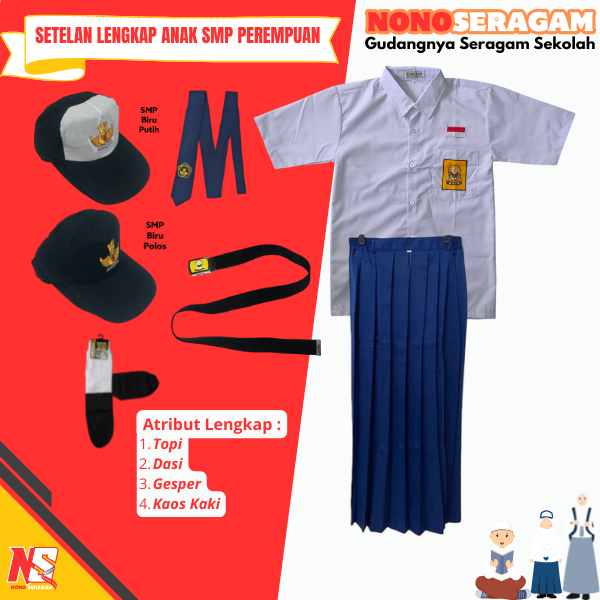 Seragam SMP Perempuan Satu Set Baju SMP Lengan Pendek Rok Biru Panjang Setelan Seragam SMP Perempuan