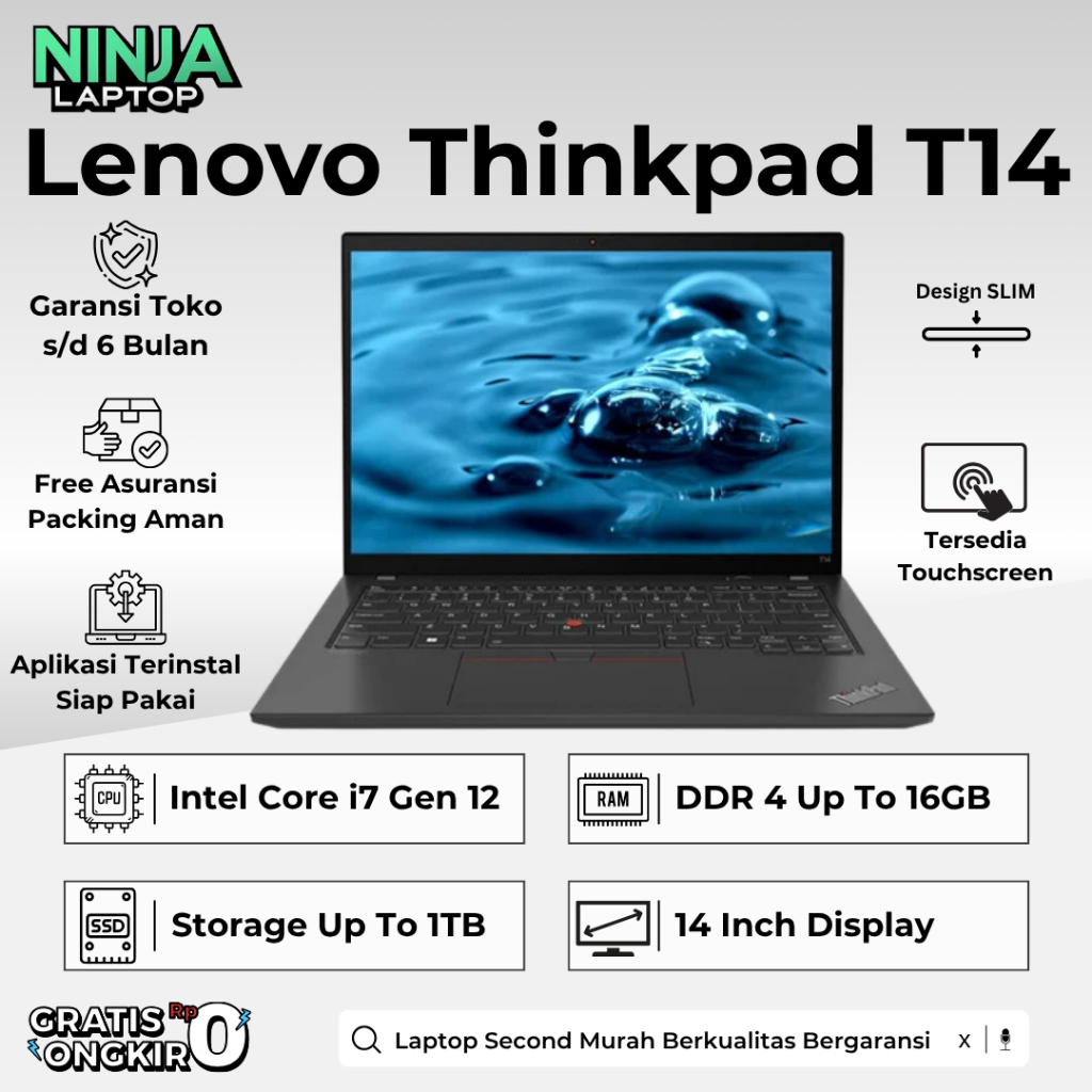 Lenovo Thinkad Core i7 / i5 Gen 12 Touchscreen Ram 16GB SSD 1TB - Laptop Second Original Bergaransi
