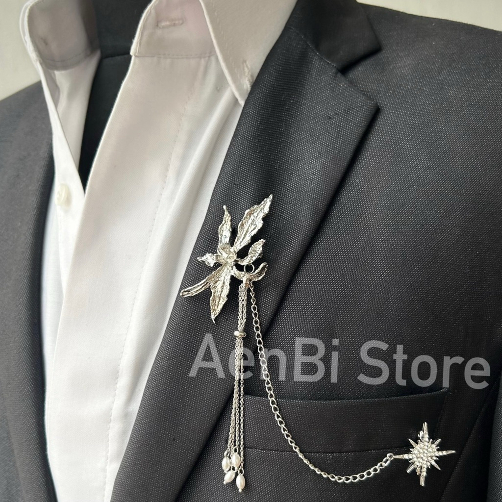Lapel pin rantai / bros rantai jas / blazer / kebaya / beskap - Anggrek Silver Rantai