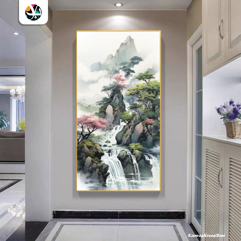lukisan kanvas tema jepang - lukisan kanvas pemandangan - lukisan pemandangan air terjun