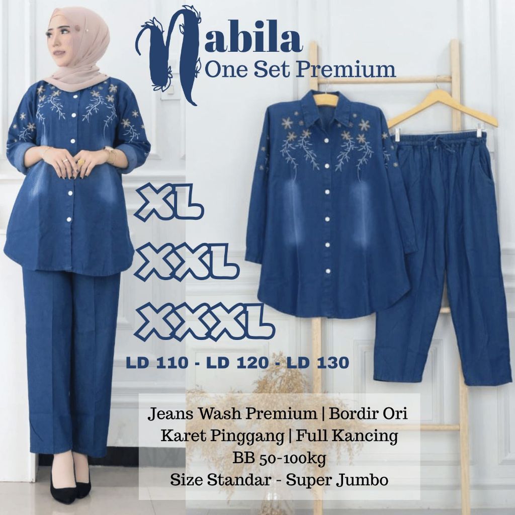 One Set / Setelan Jeans Wash Premium Setcel Baju Pakaian Wanita Jeans Denim Bordir Ada Jumbo Size