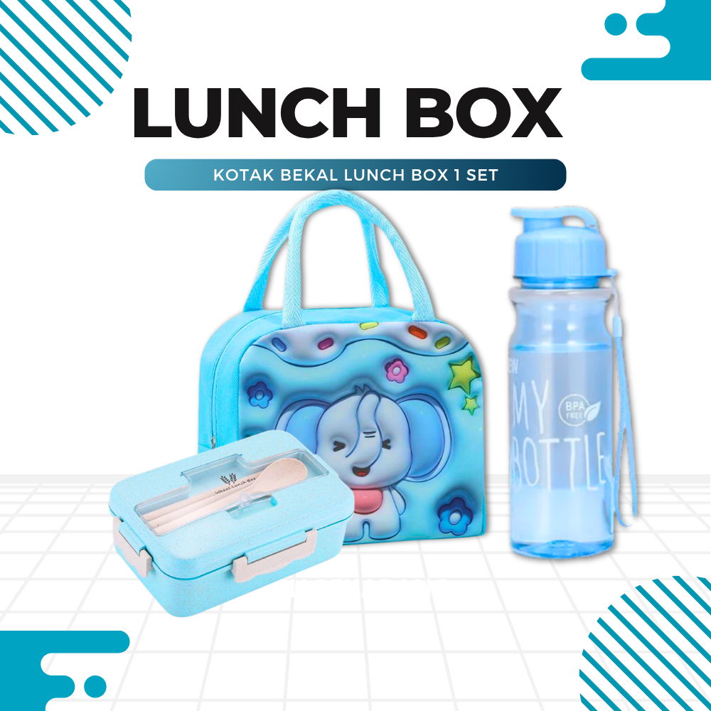 Lunch Box Set Kotak Bekal Makan Anak Sekolah Perempuan Laki Laki 1000 ML Tas Karakter Botol Minum