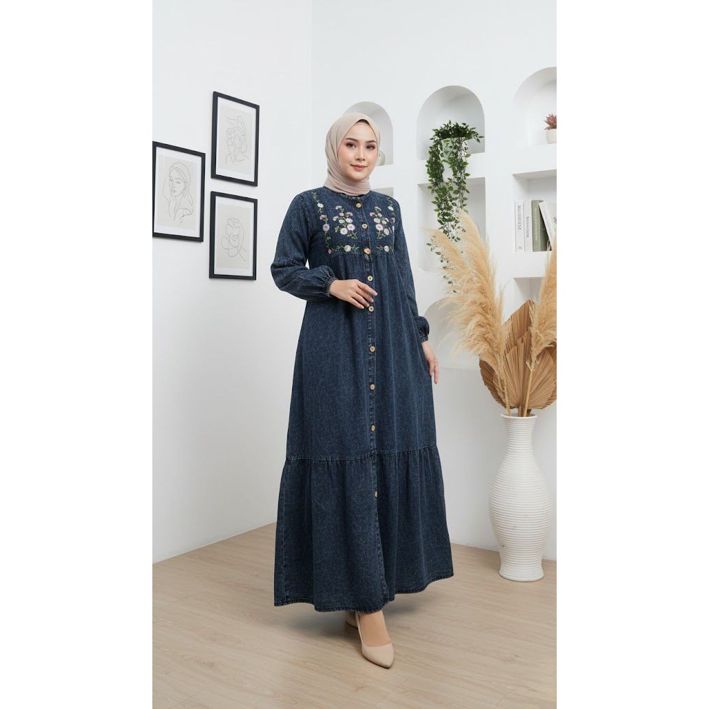 Gamis Jeans Bordir Terlaris Gamis Jeans Premium Wanita Dewasa Kekinian Dress Terbaru