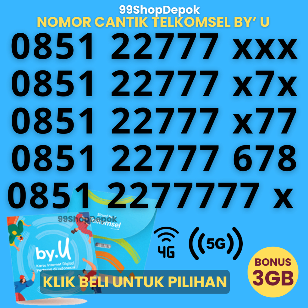 Nomor Cantik Telkomsel By' U 20.3 Kartu Perdana by U - Nomor Cantik Telkomsel byu 777 - 22777 678
