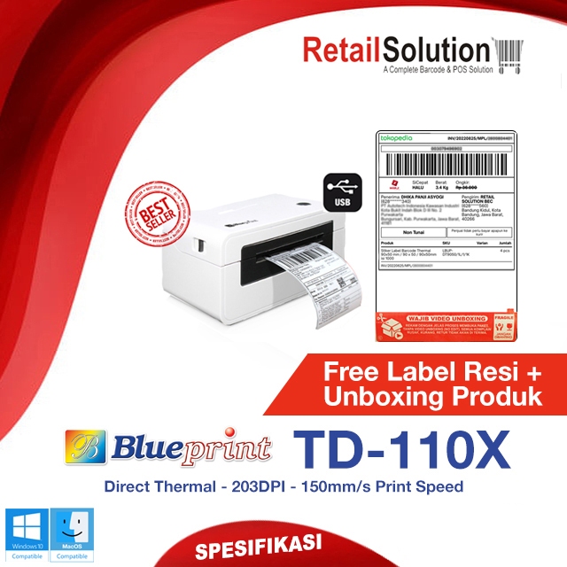 Printer Barcode Label Thermal USB - Blueprint TD110X / TD-110X