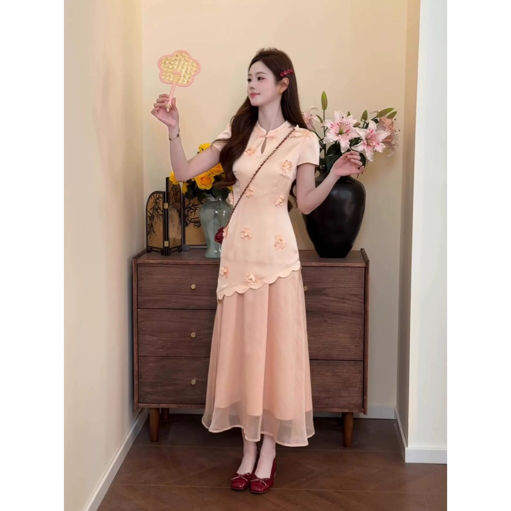 Dress Anggun Korea Style Bunga 3D Lengan Pendek