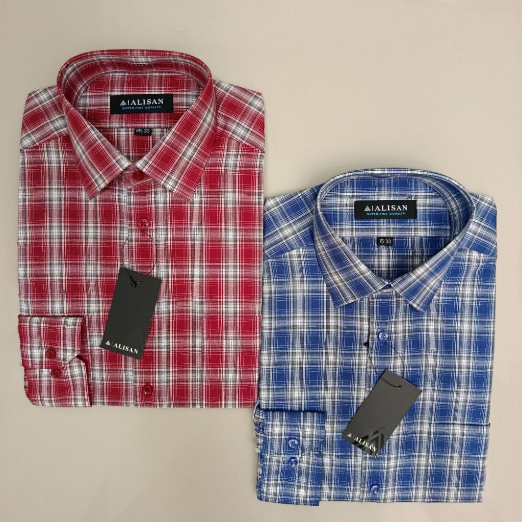 LENGAN PANJANG Alisan Motif Kotak Putih Merah/Biru Reguler