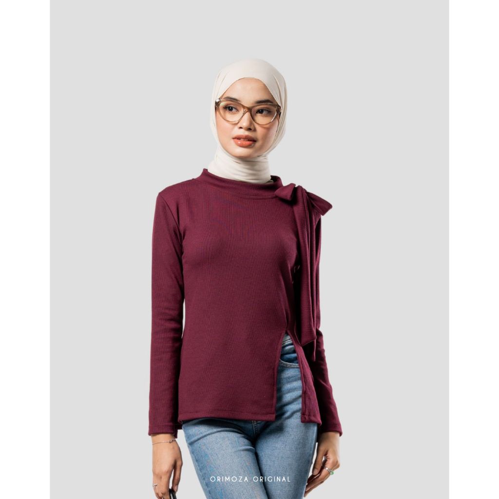 Orimoza Adira Top Blouse Ribbon Side Slit Knit Rib Impor