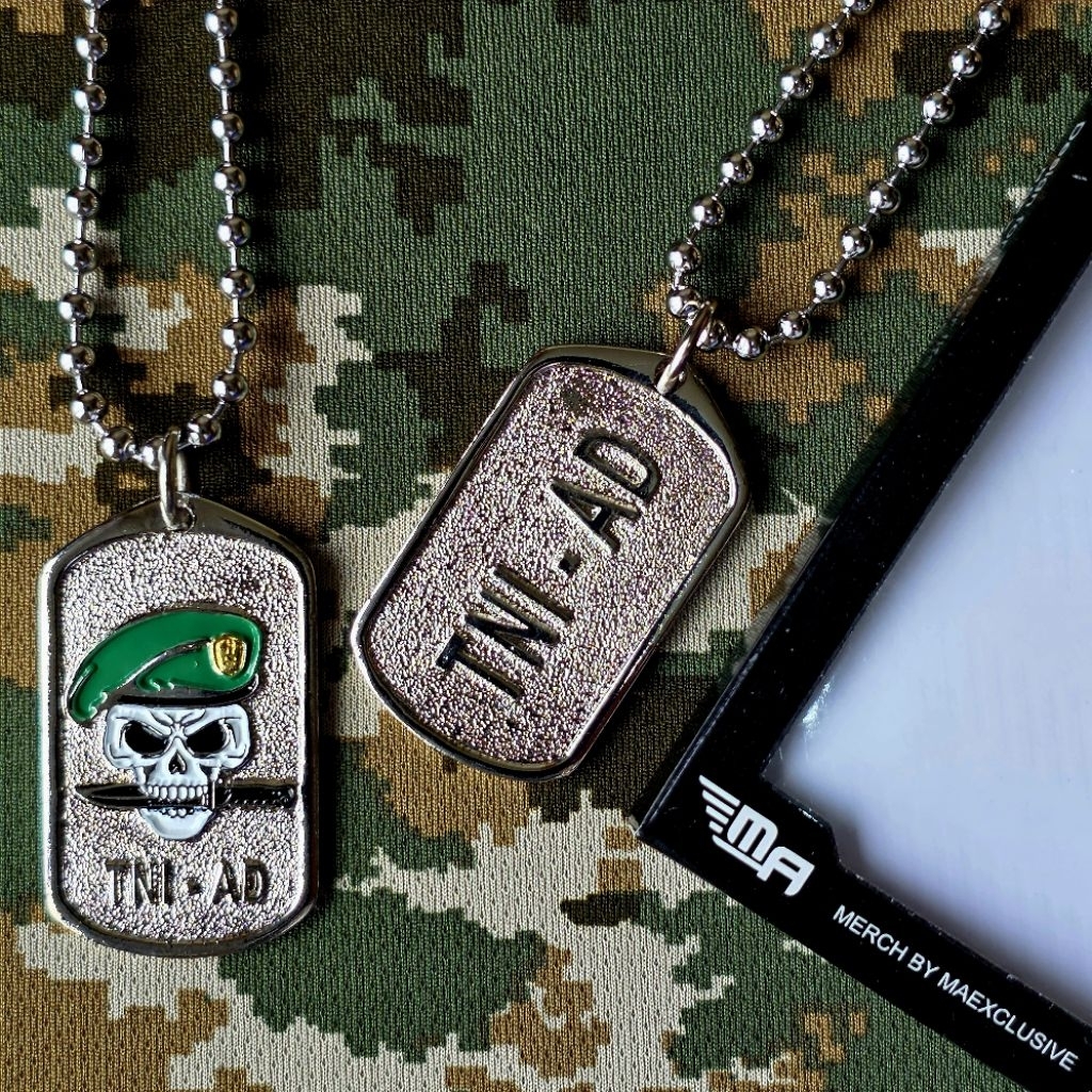 KALUNG TNI AD TENGKORAK LOGO DOG TAG TNI AD BARET HIJAU KALUNG RANTAI PRIA UNISEKS