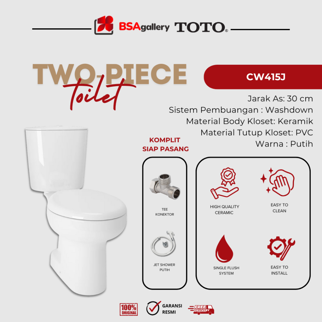 KLOSET DUDUK TOTO CW415J PAKET KOMPLIT / KLOSET DUDUK TOTO CW 415 BODY ONLY ORIGINAL TOTO