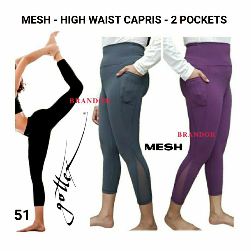 Brandor - MESH PANEL -  HIGH WAIST CAPRIS 7/8 - 2 SIDE POCKET - Gottex ( gtlg51 ) Gym Yoga Fitness R