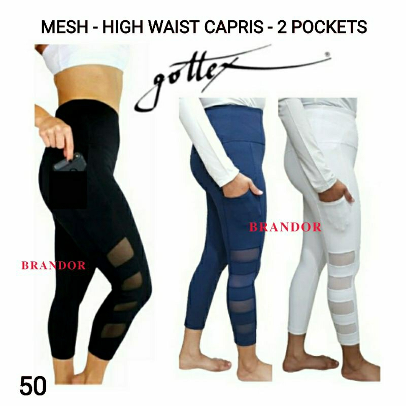Brandor - MESH PANEL - HIGH WAIST CAPRIS 7/8 - 2 SIDE POCKET - Gottex ( gtlg50 ) Gym Yoga Fitness gt