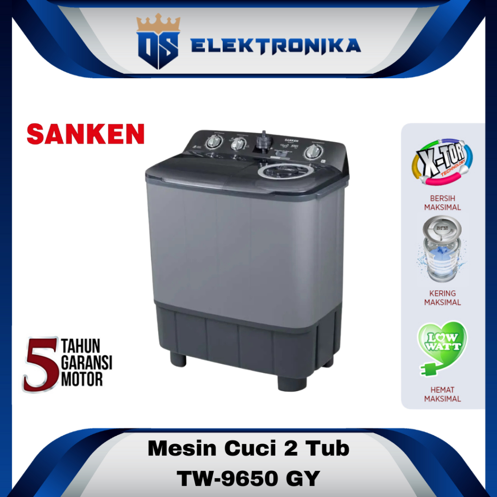 SANKEN Mesin Cuci 9 KG TW-9650 GY Hemat Listrik 250 Watt Garansi 5 Tahun Original