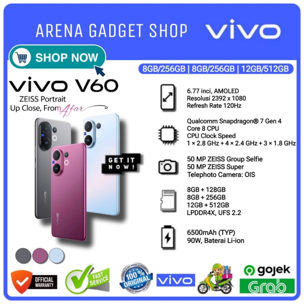 Vivo V60 5G Ram 8/256Gb 12/256Gb 12/512Gb ZEISS Multifocal Potrait, 10x Zoom Telephoto, Snapdragon 7