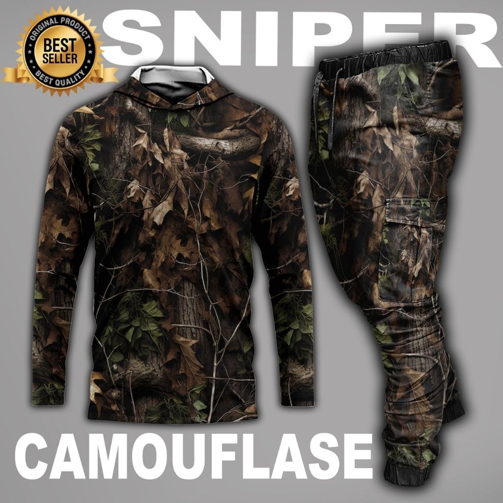 setelan baju camo berburu/set pakaian camo hunting/1 set baju dan celana camo
