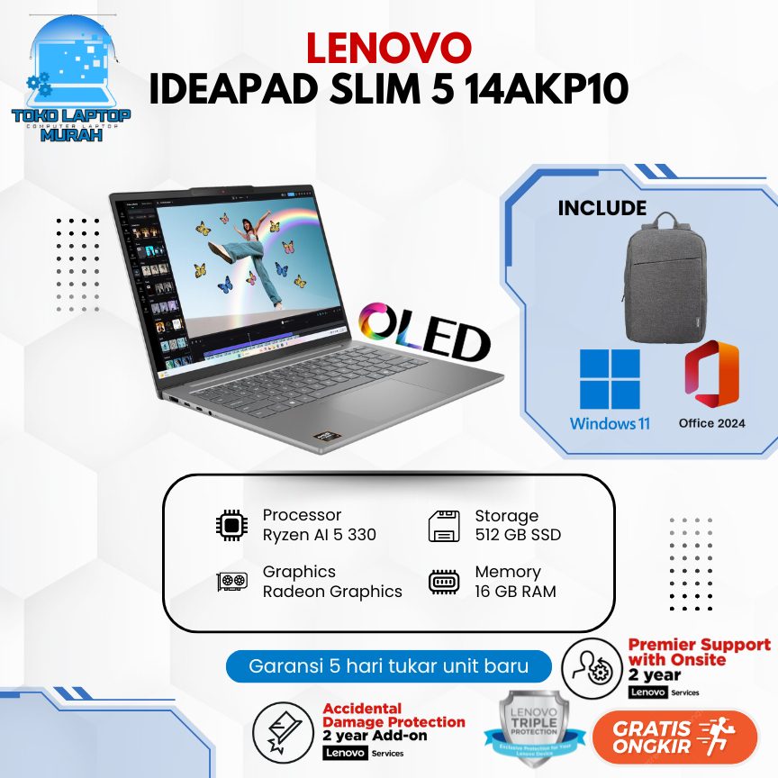 LENOVO SLIM 5 OLED RYZEN AI 5 330 16GB 512GB W11+OHS 14.0WUXGA 2 YEAR WARRANTY LENOVO+ADP