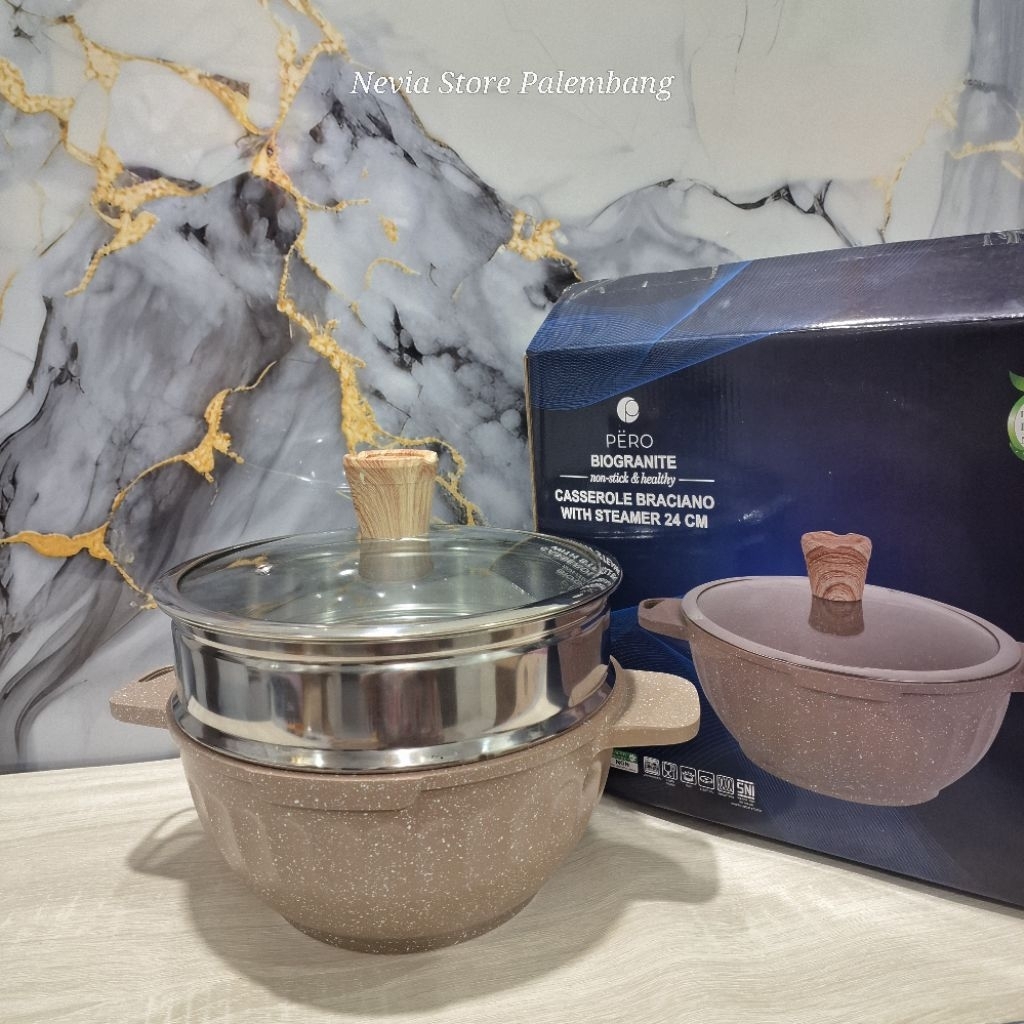 Pero Casserole 24cm With Steamer / Panci Kukus Granite Anti Lengket / Pero Braciano