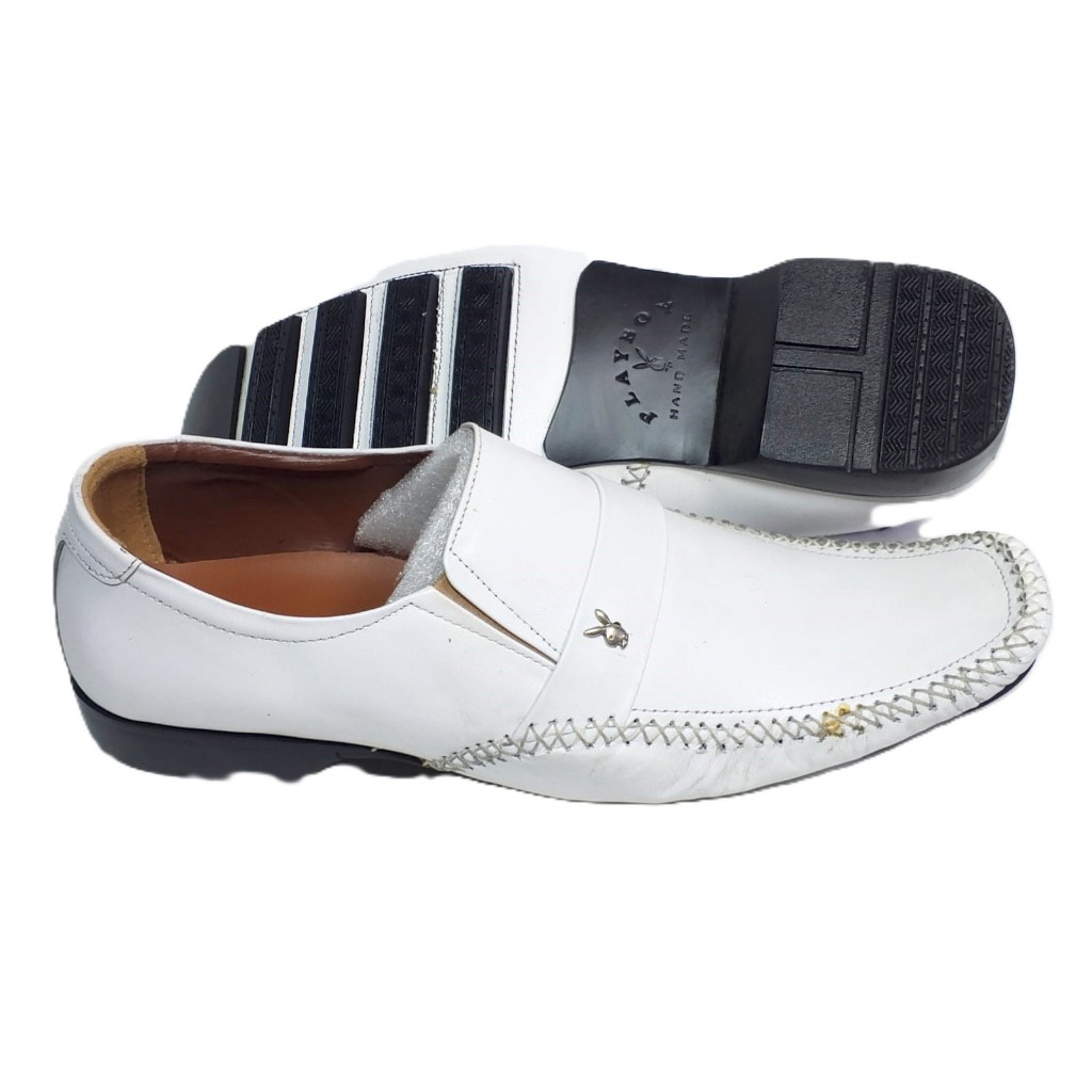 Sepatu Pantofel Putih Playboy Pria Kulit Sapi Sol Karet Lentur | Pantofel Formal kerja Cowok Elegan