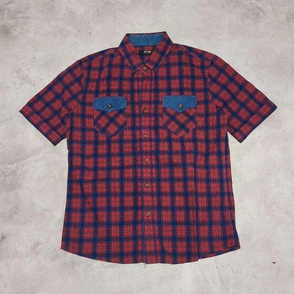 Kemeja tangan pendek pria ppfm kotak kotak merah