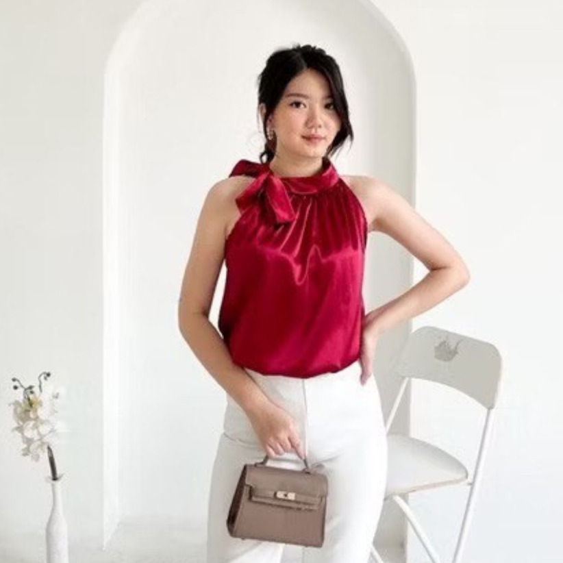 Alina Blouse Wanita Satin Velvet Bigsize S-XXXXL Top Halter Natal Jumbo Modis & Elegan