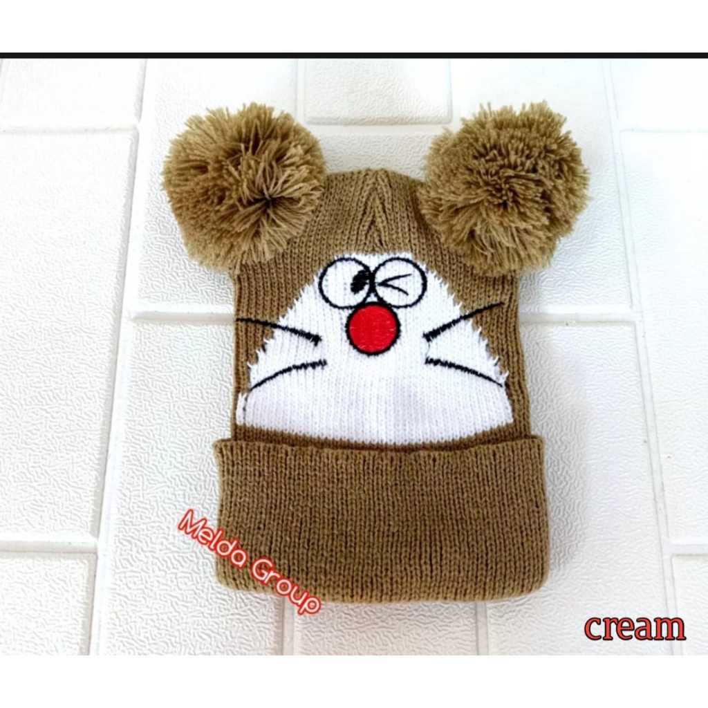Kupluk Bayi Rajut Pom Pom Doraemon Topi Anak Laki Perempuan Karakter Lucu Cream Coklat