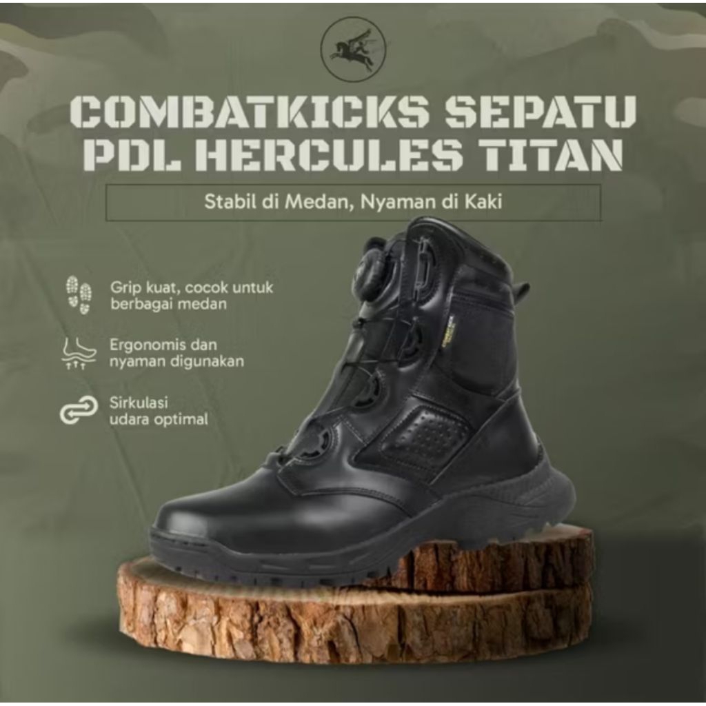 Combatkicks Sepatu PDL TNI Polri Hercules Titan Kulit Sapi Tali Putar Boa System High-Cut 24,5 cm Ny