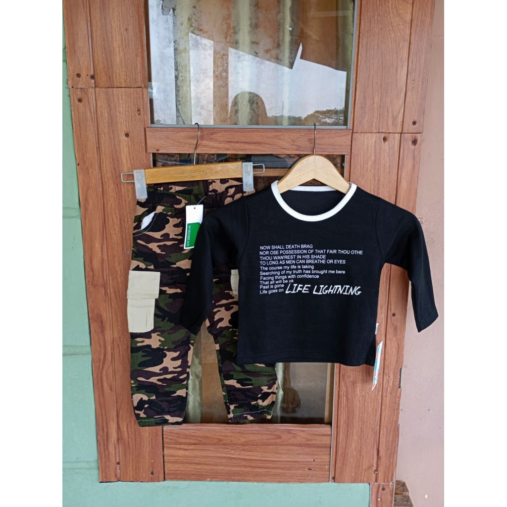 Setelan one set celana joger loreng atasan kaos lengan panjang anak laki-laki