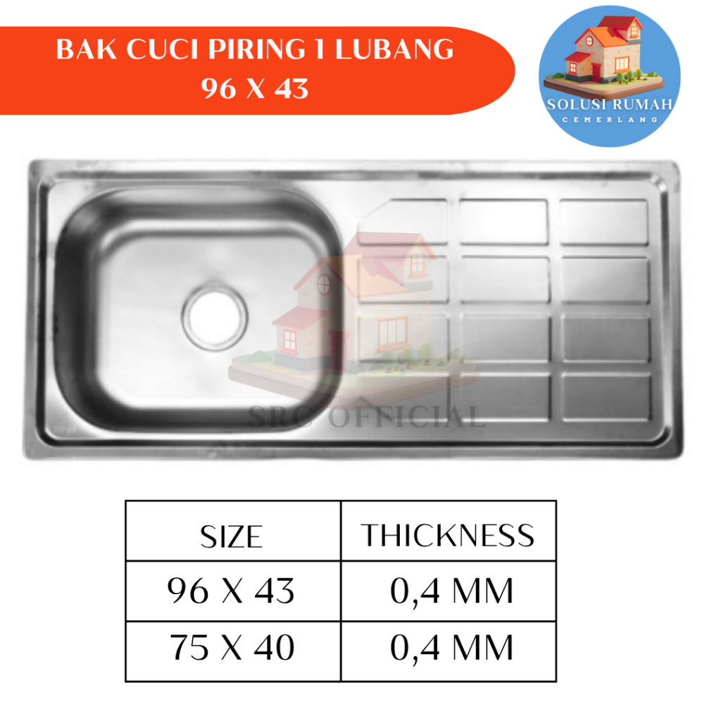 Wastafel Bak Cuci Piring Ukuran 96x43/75x40 Murah Bagus Portable Stainless Steel + Afur 1 Lubang + M