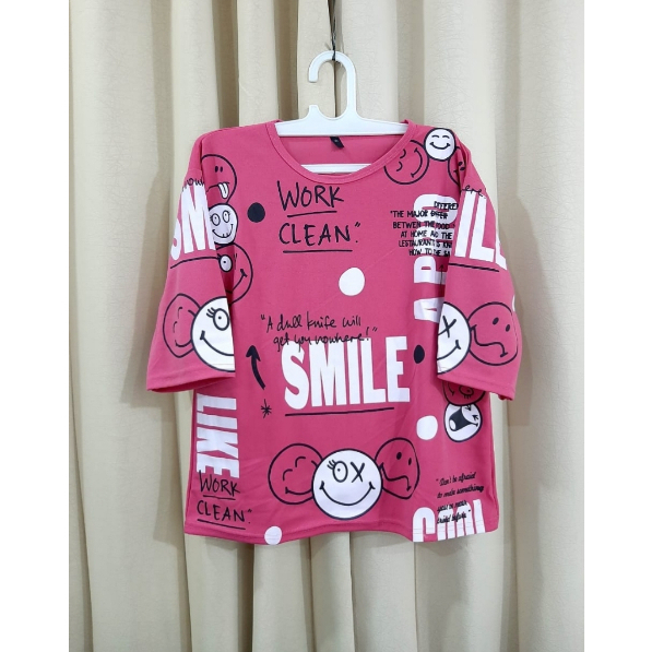 ATASAN perempuan gambar SMILE baju wanita kaos lengan dewasa 7/8